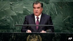 FILE - President Emomali Rahmon of Tajikistan speaks at the United Nations headquarters, Sept. 27, 2015. Tajikistan revoked the accreditation of six radio journalists after it was reported that Rahmon's daughter had been appointed to a senior government position.