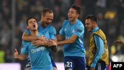 Les joueurs de Marseille exultent après leur qualification pour la finale de l'Europa League, Salzbourg, Autriche, le 3 mai 2018