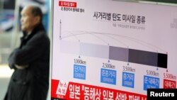 A man walks past a television broadcasting a news report on North Korea firing ballistic missiles, at a railway station in Seoul, South Korea, March 6, 2017. 