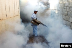 FILE - A health ministry worker fumigates a house to kill mosquitoes in Managua, Nicaragua, Oct. 27,2016.