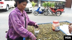 ផាន ខា មានអាយុ៥៩ឆ្នាំ មកពីខេត្តកណ្តាលដើរលក់លាសហាលនៅក្នងទីក្រុងដើម្បីផ្គត់ផ្គង់ចៅៗនិងប្តីរបស់គាត។ (ផនបុប្ផា/ VOA) 