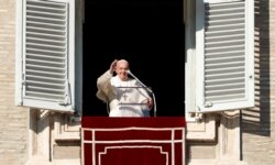 Pope Francis leads the Angelus prayer as the Roman Catholic Church marks its World Day of Peace at the Vatican, Jan. 1, 2020.