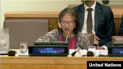 FILE - Special Rapporteur Asma Jahangir delivers her report on the human rights situation in Iran. New York, Oct. 25, 2017. (UN webcast)