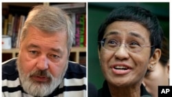 Une combinaison d'images d'archives du rédacteur en chef de Novaya Gazeta, Dmitry Muratov, à gauche, et de la directrice générale et rédactrice en chef de Rappler, Maria Ressa. 