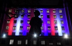 The Ministry of Defence building is illuminated on Brexit day in London, Britain, Jan. 31, 2020.