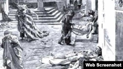 A Middle Ages painting depicts the Bubonic plague, or Black Death. 