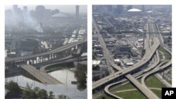 នេះ​ជា​រូបភាព​ពីរ​ដែល​រូប​ខាង​ឆ្វេង​គឺ​ជា​ស្ថានភាព​នៃ​ទីក្រុង New Orleans ក្រោយពេល​ទទួល​រង​ខ្យល់ព្យុះ Katrina កាលពី១០ឆ្នាំមុន ហើយ​រូបខាង​ស្តាំគឺ​ជា​ស្ថានភាពទីក្រុង​នេះ​នាពេល​បច្ចុប្បន្ន។