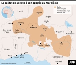 Carte superposant les frontières du califat de Sokoto à son apogée et celles des pays aujourd'hui.