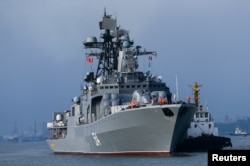 Russian ships are seen during a China-Russia naval drill at the port in Zhanjiang, Guangdong province, China, Sept. 12, 2016.