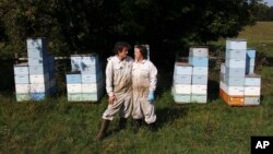 Beekeepers James Cook and Samantha Jones pose for a portrait in front of some of their hives at one of their bee yards near Iola, Wis., Sept. 23, 2020. The couple has worked with honey bees for several years but started their own business this year. (AP Photo/Carrie Antlfinger)