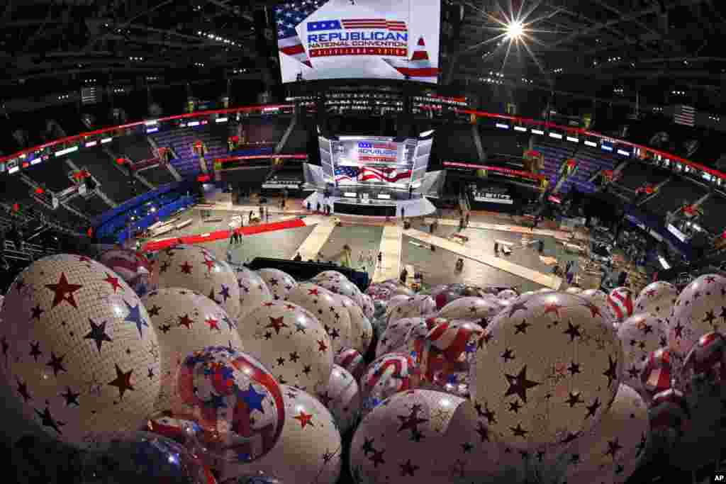 Balloons wait to be hoisted into the rafters of the Quicken Loans Arena as work continues in preparation for the upcoming Republican National Convention in downtown Cleveland, July 14, 2016.