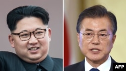FILE - This combo of file photos shows a picture taken on May 10, 2016, of North Korean leader Kim Jong Un, left, and a picture taken on Aug. 17, 2017, of South Korea's President Moon Jae-In. 