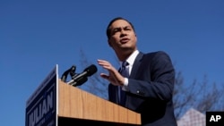 FILE - Former San Antonio Mayor and Housing and Urban Development Secretary Julian Castro speaks during an event where he announced his decision to seek the 2020 Democratic presidential nomination, Jan. 12, 2019, in San Antonio. 