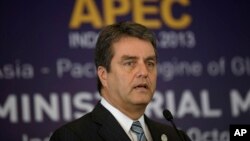 FILE - WTO Director-General Roberto Azevedo on sidelines of the Asia-Pacific Economic Cooperation (APEC) Ministerial Meeting, Bali, Oct. 5, 2013.