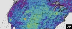 FILE - This undated handout image provided by NASA/JPL-Caltech/University of Michigan, shows the Four Corners area, in red, left, the major U.S. hot spot for methane emissions in this digital map, showing how much emissions varied from average background concentrations from 2003-2009. Dark colors are lower than average; lighter colors are higher.