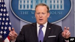 FILE - White House press secretary Sean Spicer speaks during the daily press briefing at the White House in Washington, March 13, 2017.