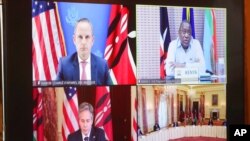 Secretary of State Antony Blinken participates in a virtual bilateral meeting with Kenyan President Uhuru Kenyatta and Chargé d'Affaires Eric Kneedler at the State Department in Washington, April 27, 2021. 