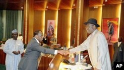 Nigeria's Acting President Goodluck Jonathan shakes hands with new minister of finance Olusegun Aganga in Abuja, 6 Apr 2010
