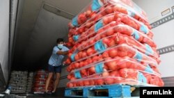FarmLink team member James Kanoff (Stanford, '22) unloads onions from Owyhee Produce in Oregon to be donated to Food Finders in Los Angeles. (Photo courtesy of FarmLink)