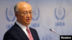 유엔 산하 국제원자력기구 IAEA 아마노 유키야 사무총장이 15일 오스트리아 빈에서 열린 특별집행이사회 후 기자회견을 하고 있다.