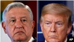 This combination of file photos shows Mexican President Andres Manuel Lopez Obrador, left, on Nov. 29, 2019, in Mexico City and President Donald Trump on April 17, 2020, in Washington. 