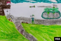 Drawings from the classes held in a community center in Shatila often used to depict the violence that children had escaped from in Syria, Dec. 4, 2015. (J. Owens/VOA)