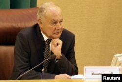 FILE - Arab League Secretary-General Ahmed Aboul Gheit attends the Arab League foreign ministers emergency meeting on US President Donald Trump's decision to recognize Jerusalem as the capital of Israel, in Cairo, Egypt, Dec. 9, 2017.