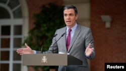 FILE: Spain's Prime Minister Pedro Sanchez delivers a statement as he announces pardons for jailed Catalan separatist leaders, at Moncloa Palace in Madrid, June 22, 2021.