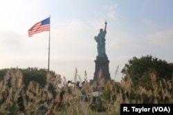 The Statute of Liberty seen from atop the new museum through meadow grasses.