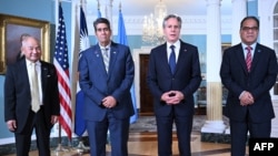 FILE - US Secretary of State Antony Blinken, second from right, speaks to the press with Marshall Islands Minister for Foreign Affairs and Trade Jack Ading, Federated States of Micronesia President Wesley Simina and Palau President Surangel Whipps, Sept. 26, 2023, in Washington.