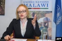 FILE - The U.N.'s independent expert on human rights and albinism, Ikponwosa Ero, addresses a news conference at the end of her official visit to Malawi on April 29, 2016.