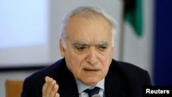 U.N. envoy to Libya Ghassan Salame gestures during a meeting with southern Libyan groups in Tripoli, Libya, Feb. 7, 2018. 
