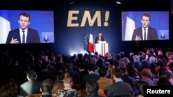 Emmanuel Macron, head of the political movement En Marche !, or Onwards !, and candidate for the 2017 French presidential election, speaks during a Paris news conference to unveil his budget manifesto, March 2, 2017.