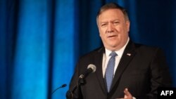 Menlu AS Mike Pompeo saat berpidato di Forum Bisnis Indo-Pasifik, Kamar Dagang AS di Washington, DC, 30 Juli 2018.