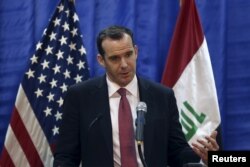 FILE - US envoy Brett McGurk during a news conference at the U.S. Embassy in Baghdad, Iraq, March 5, 2016.