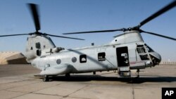 Helikopter Sea Knight CH-46 milik Pasukan Marinir AS (Foto: dok). Pusat Penelitian Langley NASA di Hampton, Virginia, akan menggunakan helikopter jenis ini untuk diuji coba hari ini, Rabu (1/10).
