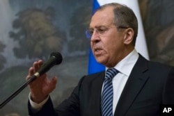 FILE - Russian Foreign Minister Sergey Lavrov speaks to the media in Moscow, Russia, March 29, 2018.