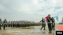 This is the 4th ceremony in which Cambodia sends troops as part of the United Nation peacekeeping mission to war-torn countries, Phnom Penh, Cambodia, May 3, 2018. (Aun Chhengpor/VOA Khmer)
