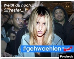 Falsified photograph posted on social media sites showing a blonde-haired woman surrounded by Middle Eastern-looking men used to agitate grassroots followers of far-right populist party Alternative for Germany.