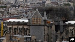 View of Notre Dame Cathedral from the top of the Tour Saint Jacques, in Paris, May 31, 2019.