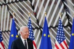 President Joe Biden meets with European Council President Charles Michel and European Commission President Ursula von der Leyen during the United States-European Union Summit at the European Council in Brussels, June 15, 2021.