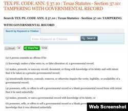 This is a screenshot of the portion of the Texas Penal Code under which charges were brought against two anti-abortion activists.