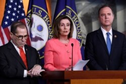 House Speaker Nancy Pelosi of Calif., center, flanked by House Judiciary Committee Chairman Rep. Jerrold Nadler, D-N.Y., left, and House Intelligence Committee Chairman Rep. Adam Schiff, D-Calif., speaks during a news conference, Jan. 15, 2020.