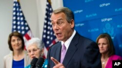 House Speaker John Boehner, joined by members of the Republican Caucus, demands that the White House and congressional Democrats negotiate with congressional Republicans about ways to re-open the government and address criticisms of the nation's new health care law, Oct. 4, 2013.