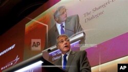 U.S. Defense Secretary Chuck Hagel delivers his keynote address on "The US Approach to Regional Security" at the International Institute for Strategic Studies Shangri-la Dialogue, or IISS Asia Security Summit in Singapore, Saturday, June 1, 2013. (AP Phot