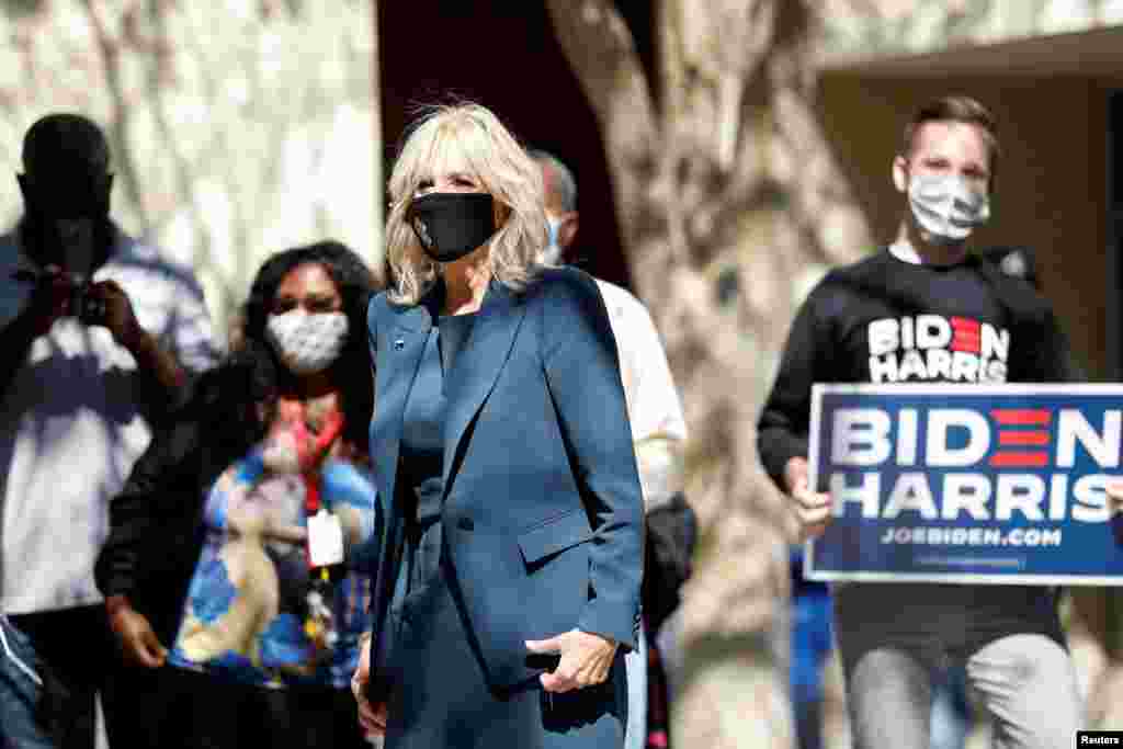 Jill Biden, wife of Democratic Presidential nominee Joe Biden, speaks to supporters at the Thomas Jackson Recreation Center polling precinct on Election Day in St Petersburg, Florida, Nov. 3, 2020.