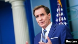 존 커비 백악관 국가안보회의(NSC) 전략소통조정관이 브리핑하고 있다. (자료사진)