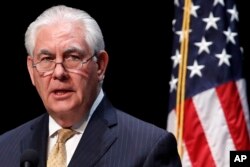FILE - Then-secretary of state Rex Tillerson speaks at George Mason University in Fairfax, Virginia, March 6, 2018.