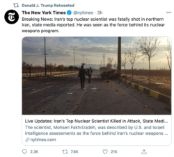 پرزیدنت ترامپ توئیت نیویورک تایمز از خبر کشته شدن محسن فخری زاده را ریتوئیت کرد.