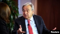 안토니우 구테흐스 유엔 사무총장이 8일 미국 뉴욕에서 열린 '로이터넥스트 뉴스메이커' 행사에서 발언하고 있다. 